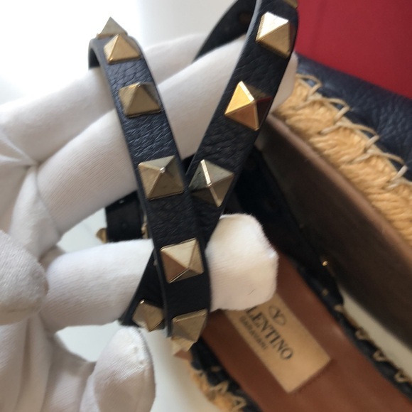 VALENTINO  GARAVANI Navy Blue Leather Rockstud Ankle Strap Espadrilles SZ 35 - Picture 14 of 16